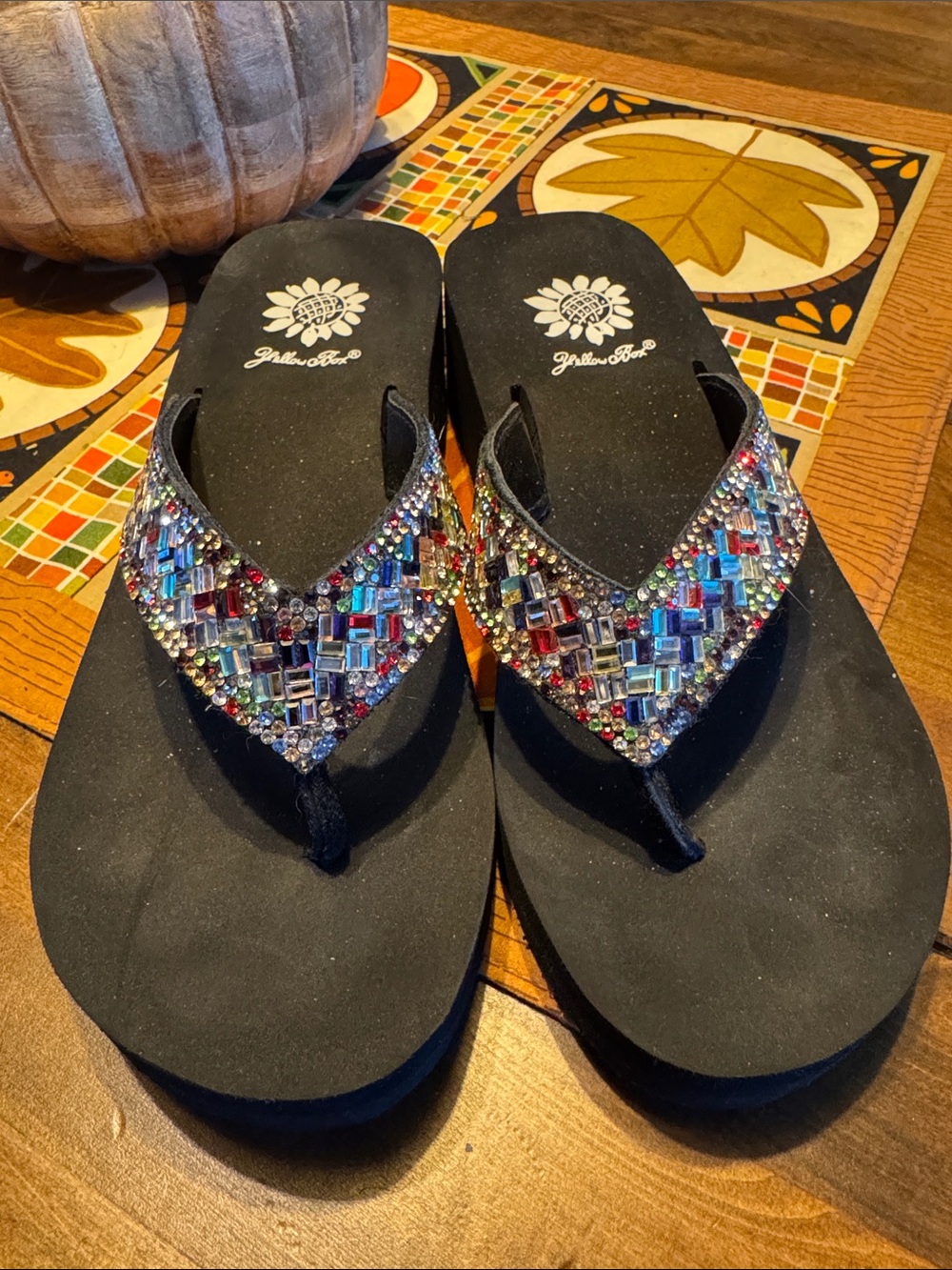 Yellow Box Black Beaded Wedge Sandals with Multicolor Gems